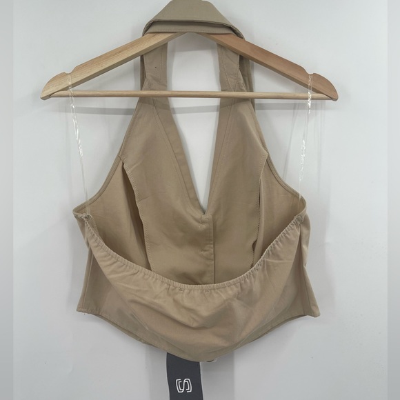 NWT Tan Collared Halter Neck Vest Button Up Crop Top Size Large Sans Souci - Picture 4 of 9